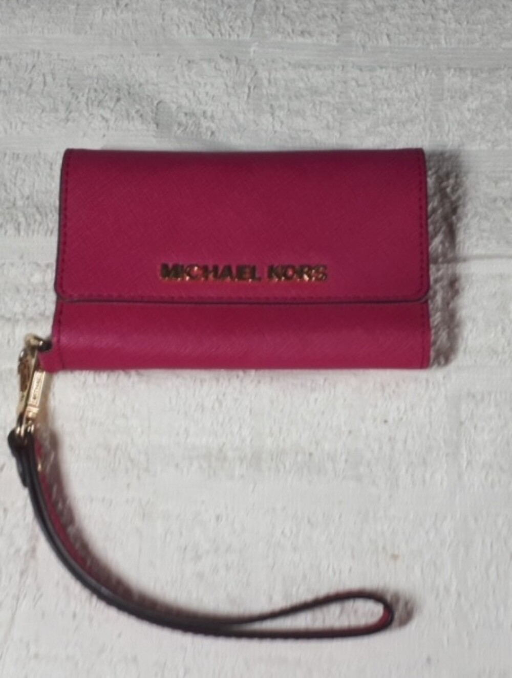 Michael Kors Hot Pink Leather Wristlet Clutch with Gold Logo